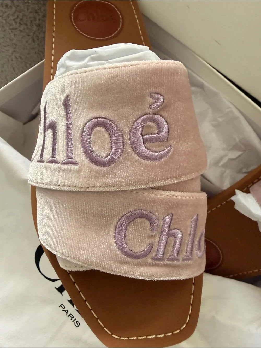 Chloé Pale Pink Satin Logo Slide Sandals with Tan Footbed